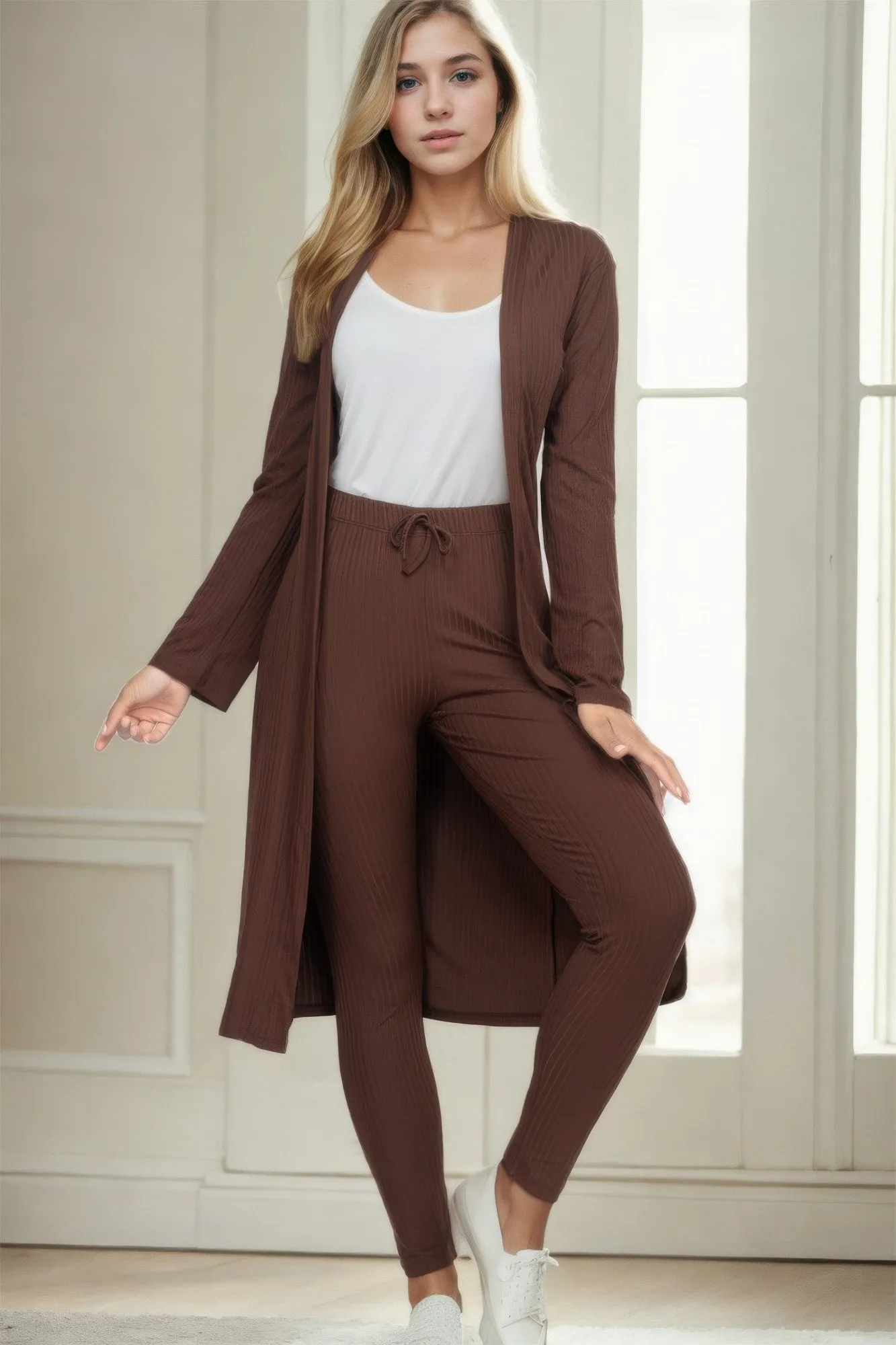 Ribbed Long Cardigan & Leggings Set