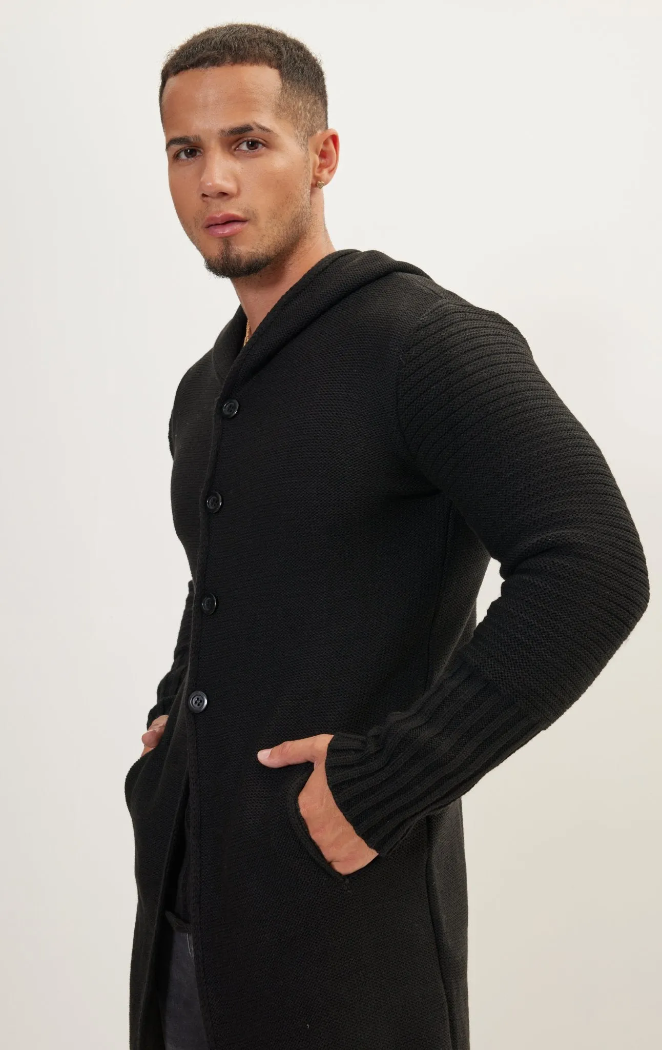 Ribbed Sleeves Fitted Cardigan - Black