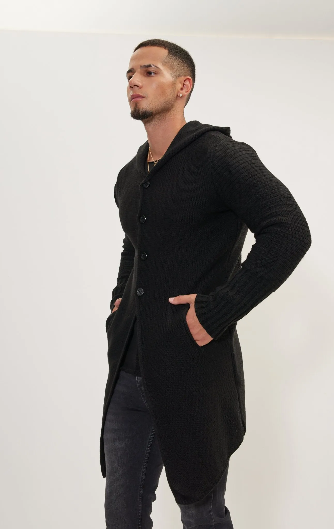 Ribbed Sleeves Fitted Cardigan - Black