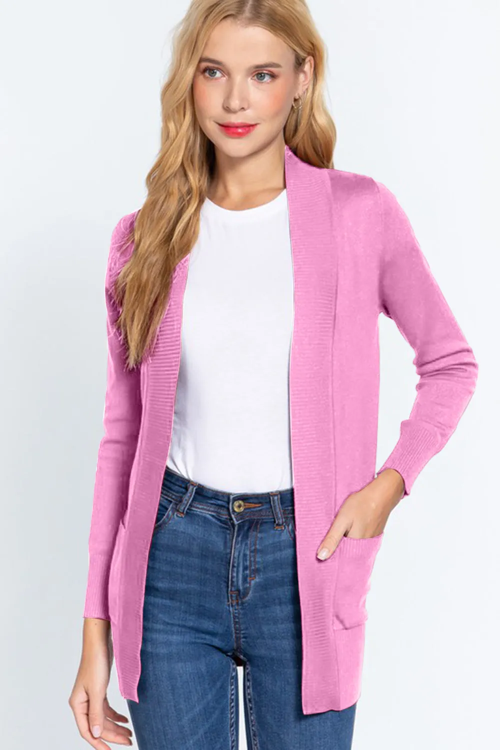 Ribbed Trim Open Front Cardigan