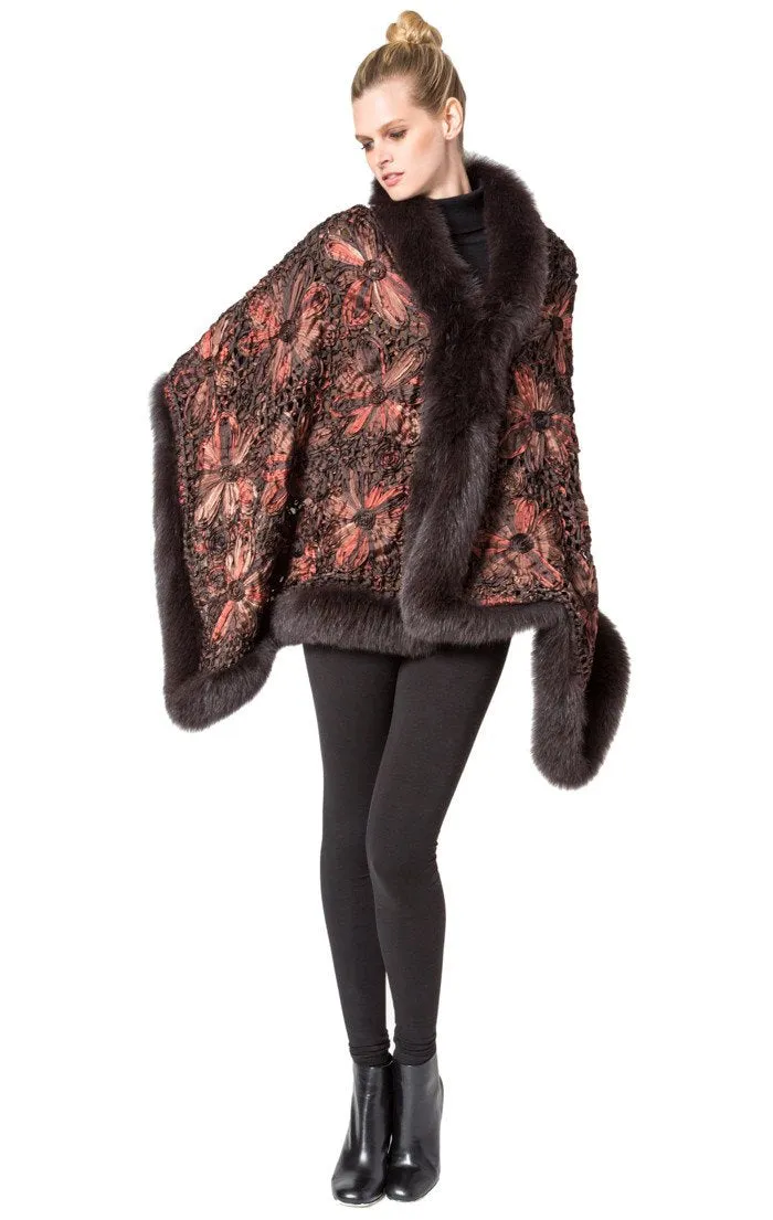 SAYDA - Knitted Silk Design Cape with Fox Trim