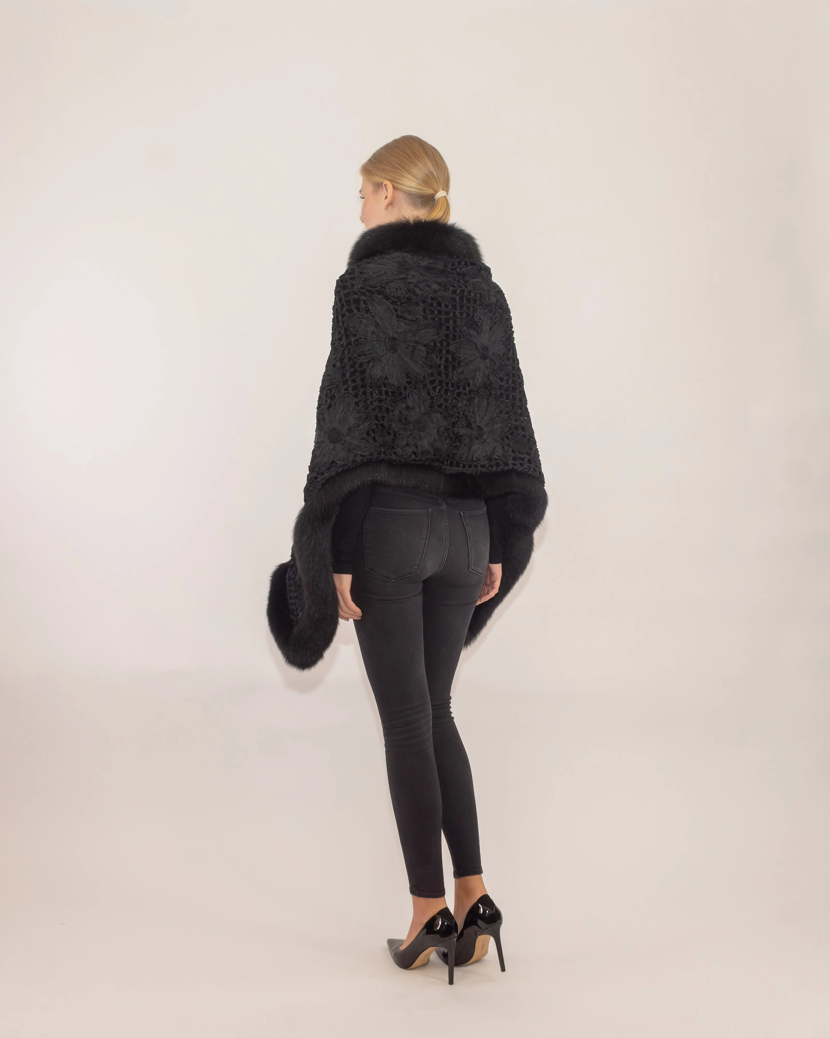 SAYDA - Knitted Silk Design Cape with Fox Trim