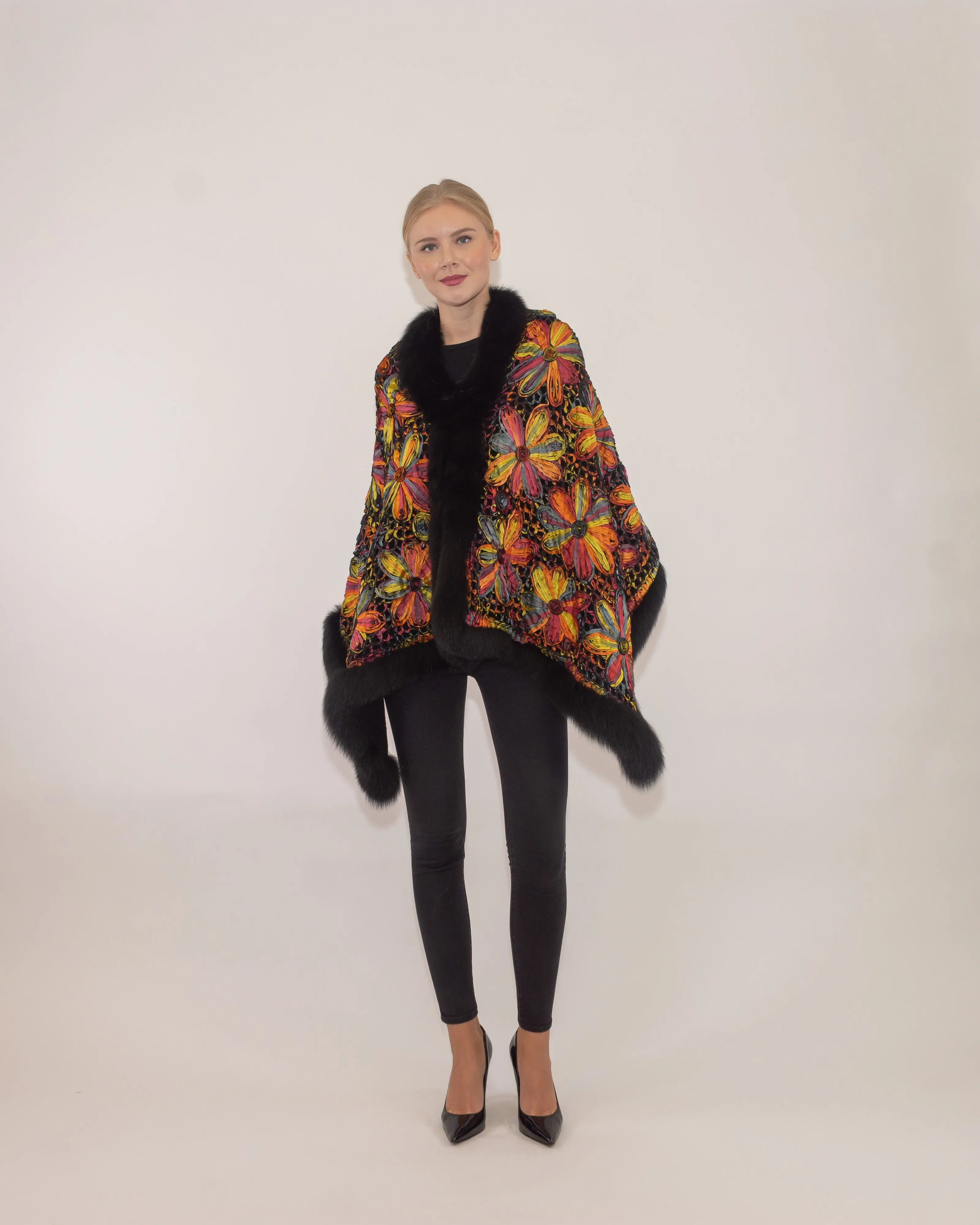 SAYDA - Knitted Silk Design Cape with Fox Trim