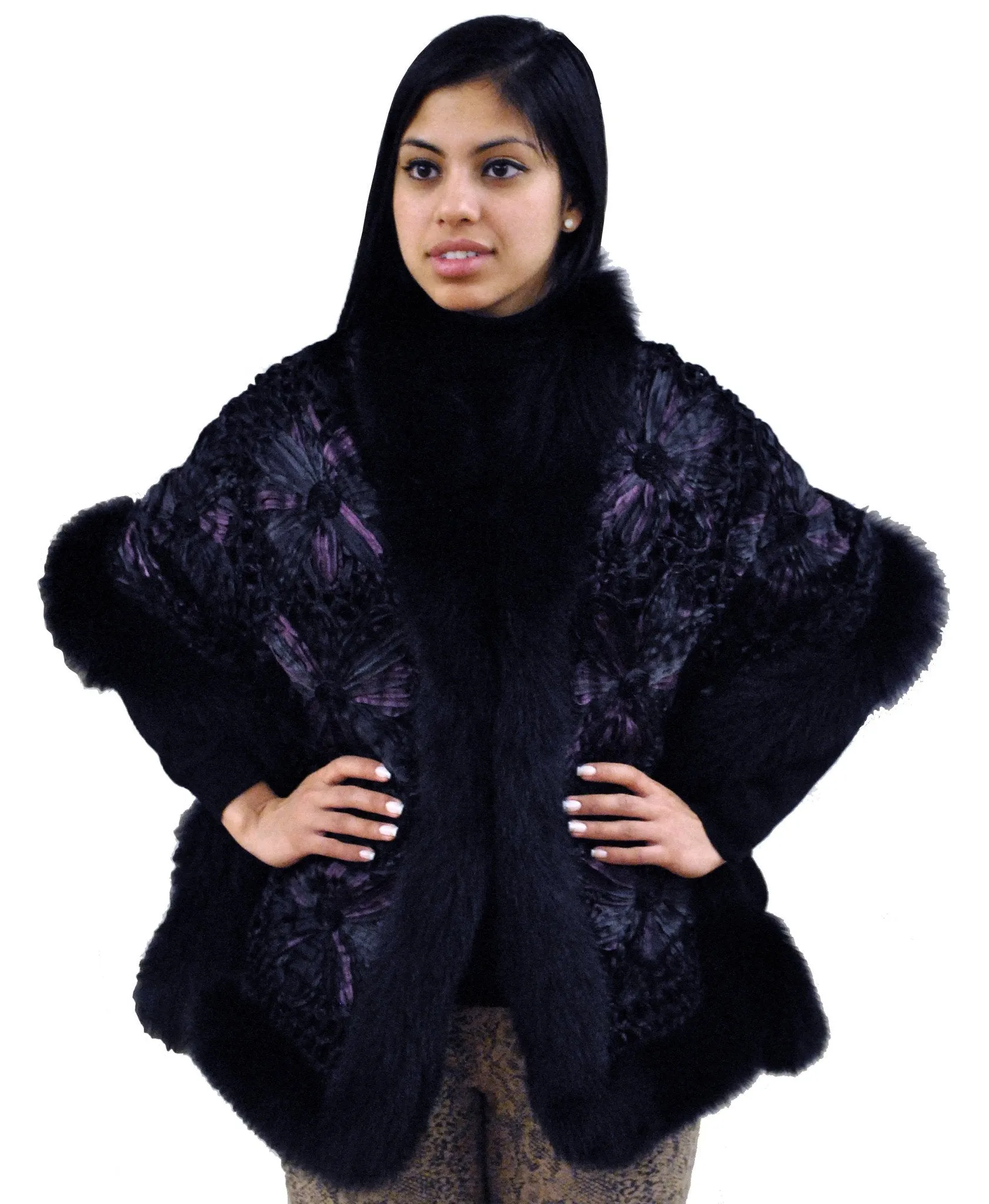 SAYDA - Knitted Silk Design Cape with Fox Trim