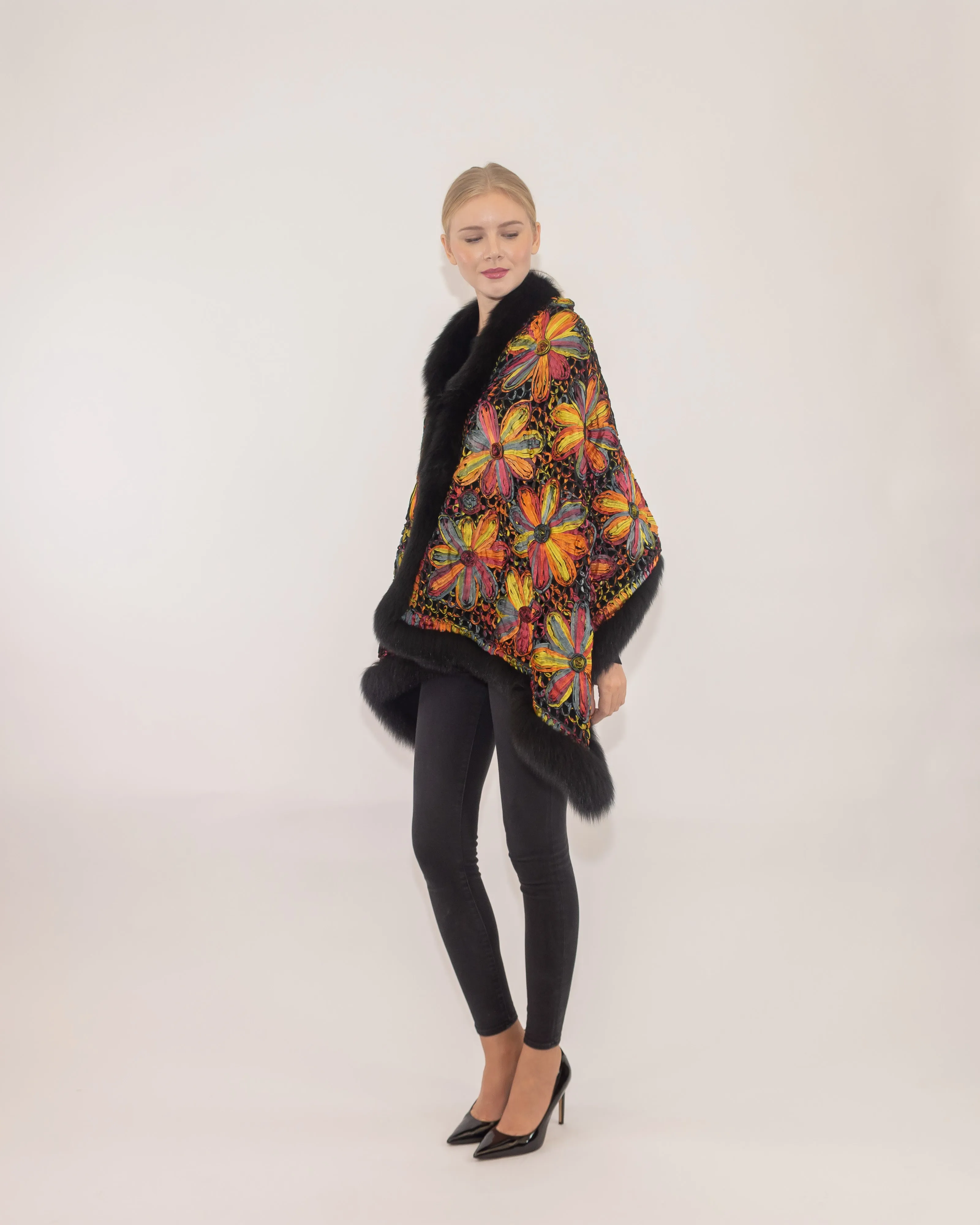 SAYDA - Knitted Silk Design Cape with Fox Trim