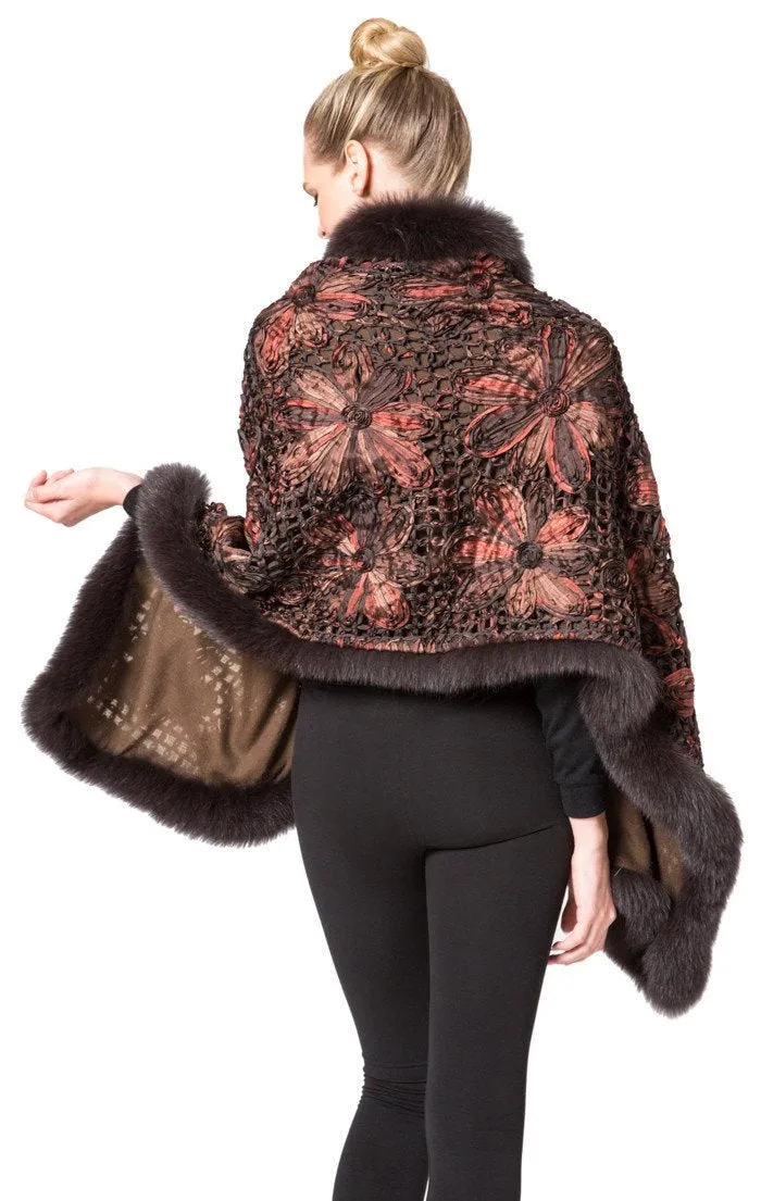 SAYDA - Knitted Silk Design Cape with Fox Trim