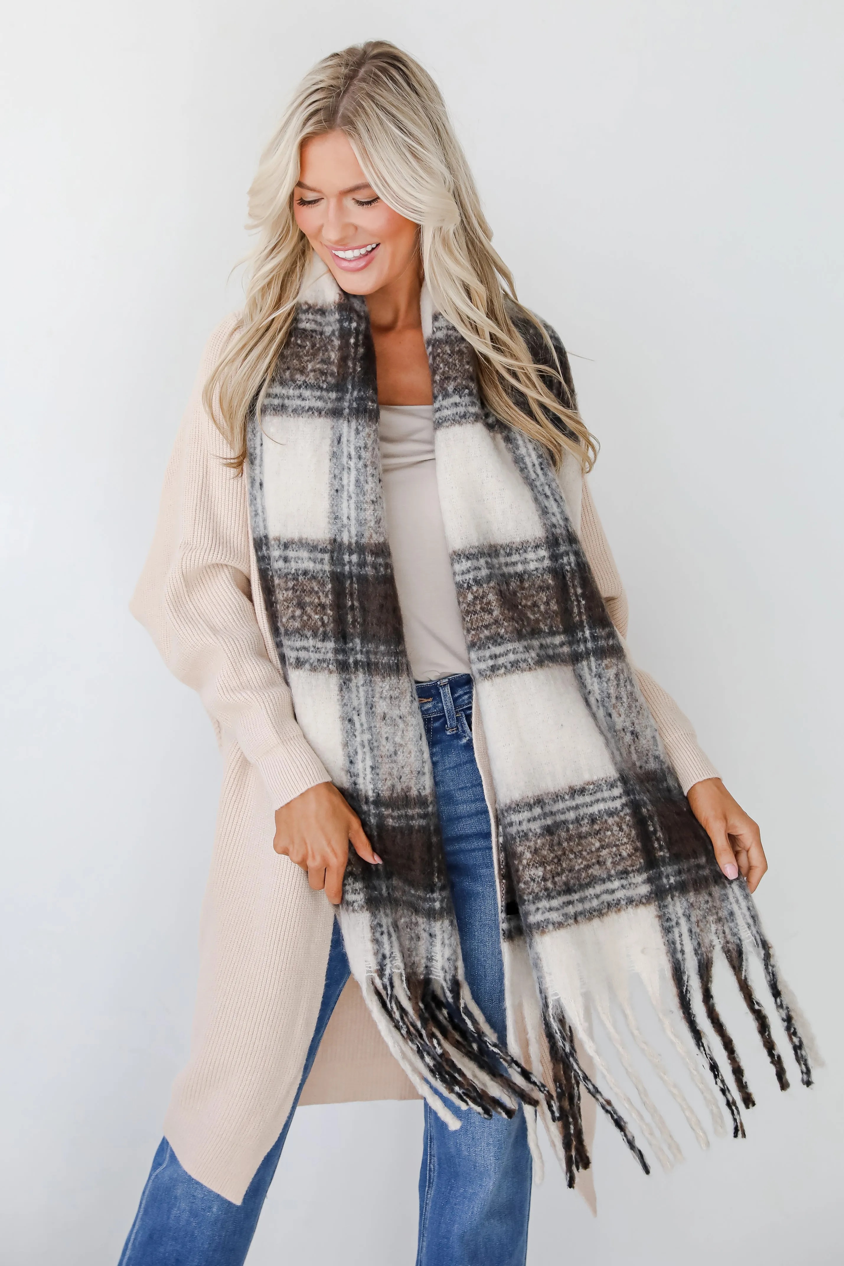 Snuggly Elevation Plaid Fringe Scarf - DOORBUSTER