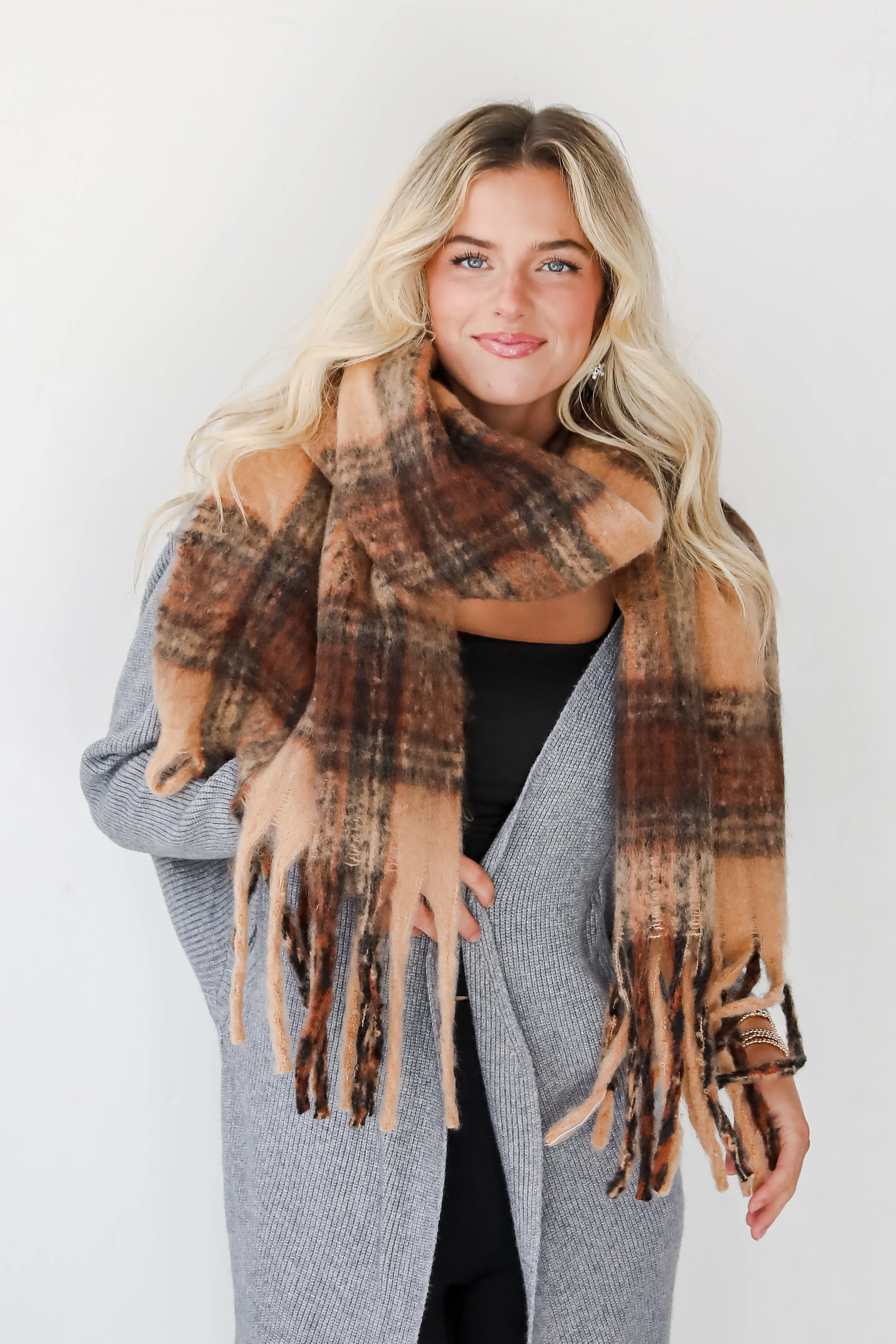 Snuggly Elevation Plaid Fringe Scarf - DOORBUSTER