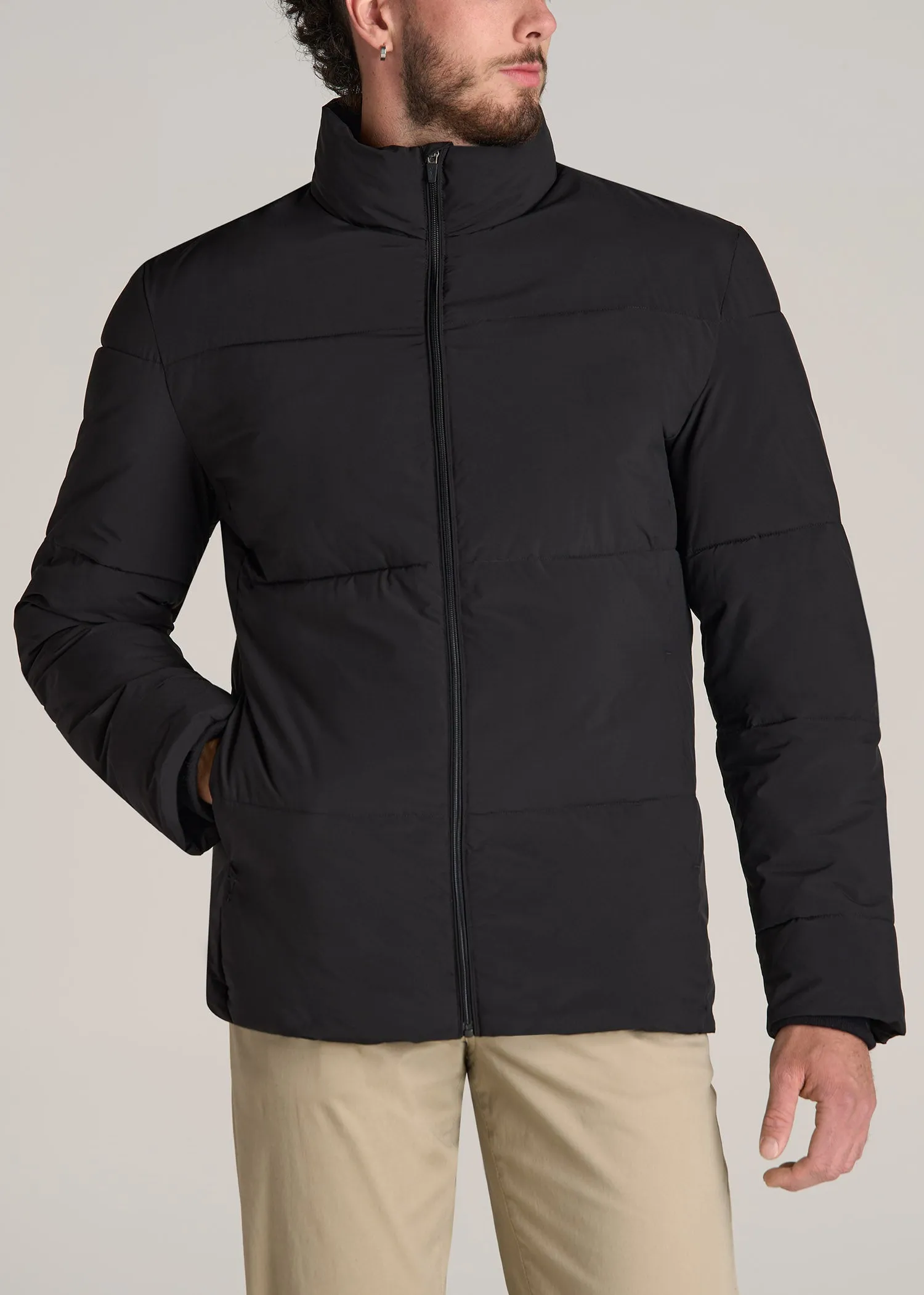 Stand Collar Puffer Coat Jacket for Tall Men in Black