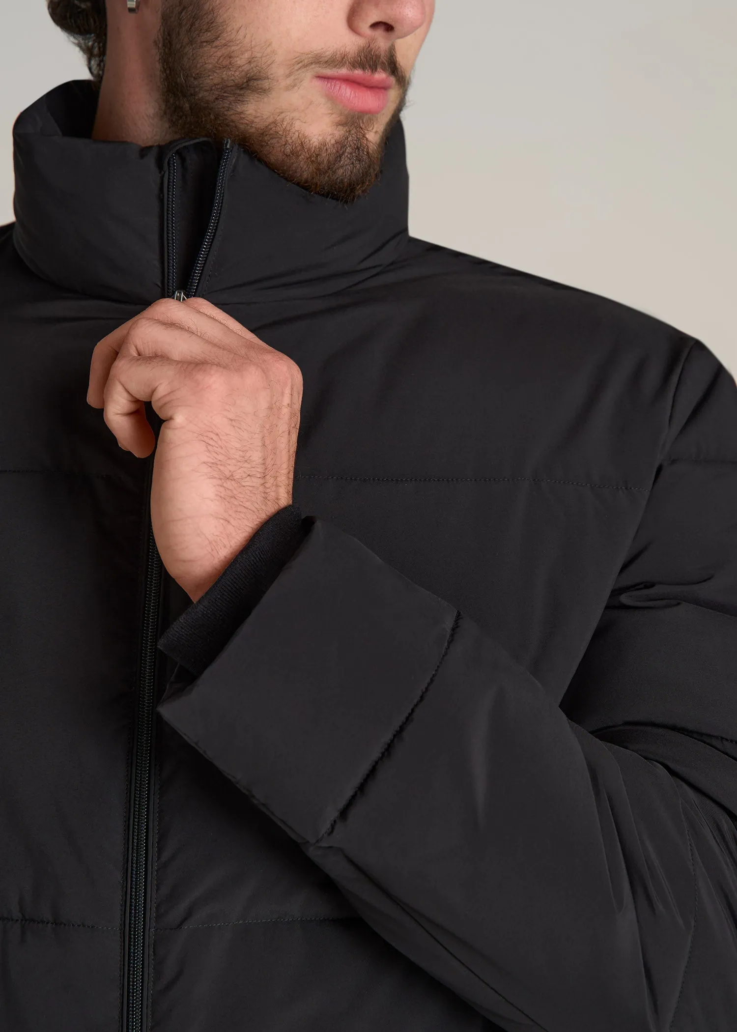 Stand Collar Puffer Coat Jacket for Tall Men in Black