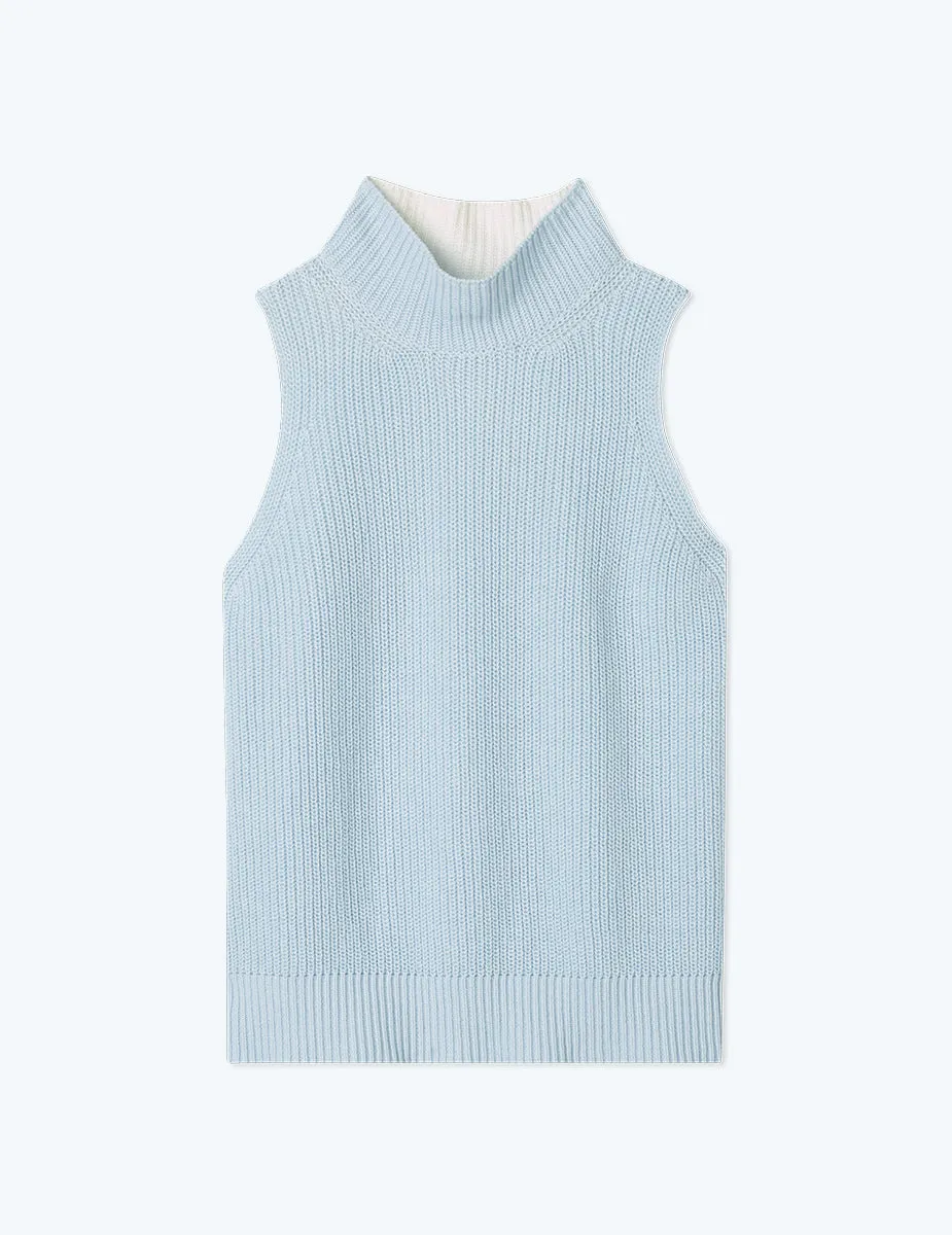 The High Neck Sweater Vest - Powder Blue & White Sand