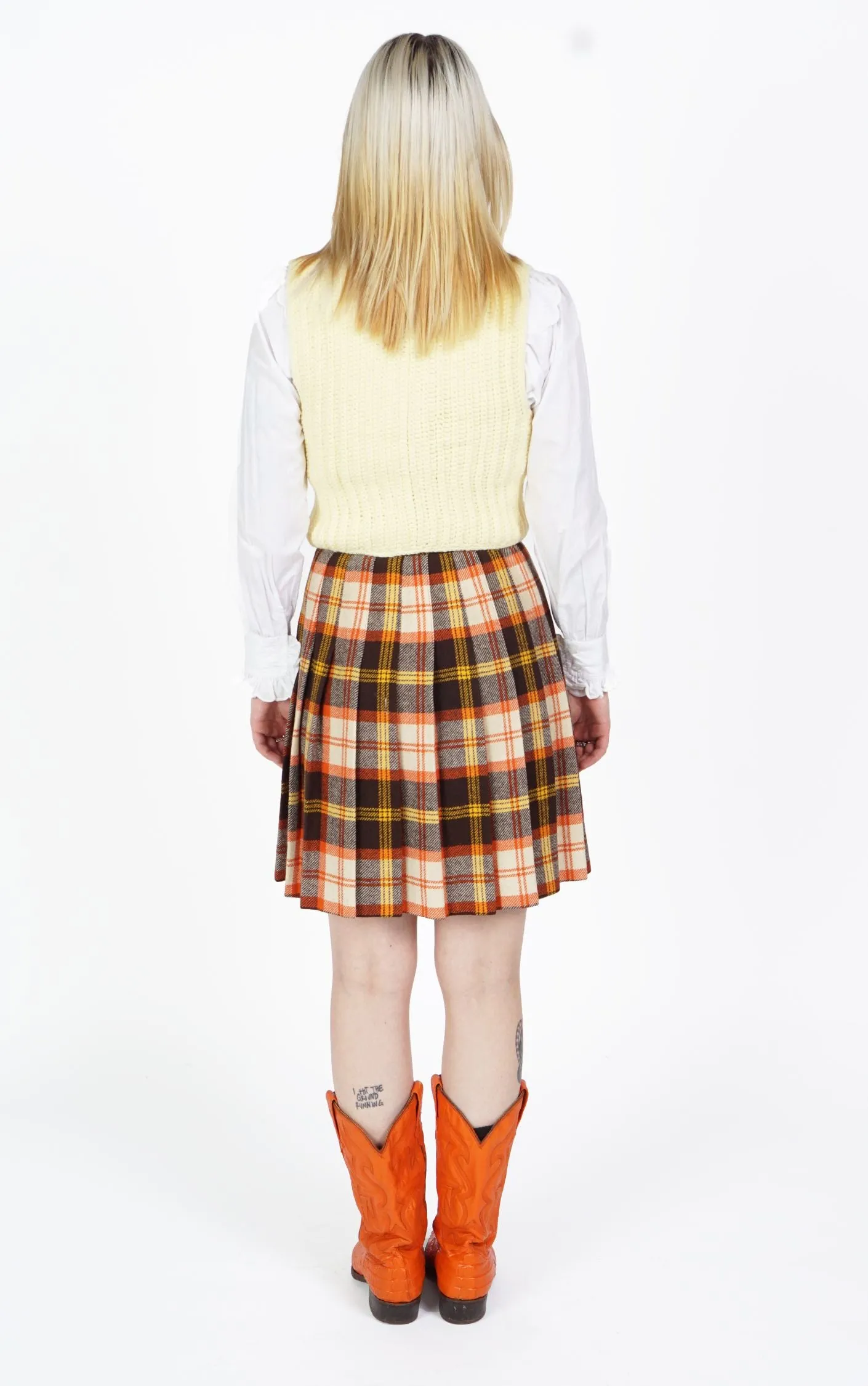 VINTAGE Wool Orange Tartan Plaid Pleated Preppy A-Line Mini Skirt