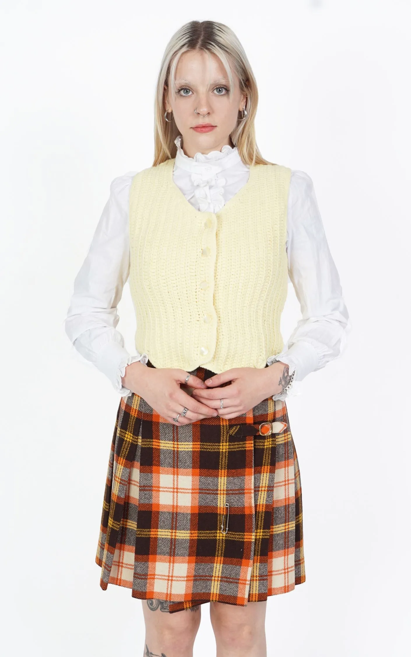 VINTAGE Wool Orange Tartan Plaid Pleated Preppy A-Line Mini Skirt