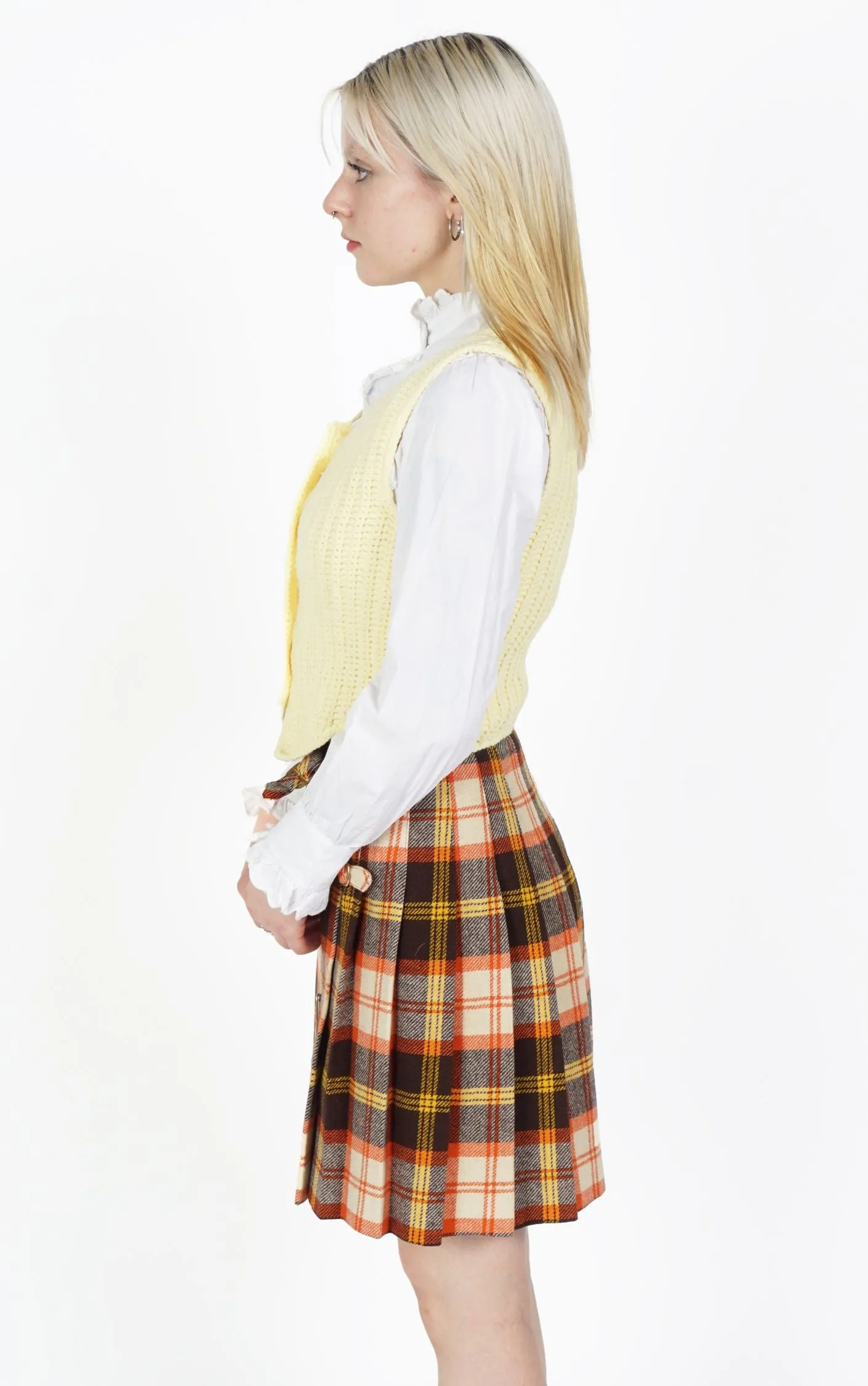 VINTAGE Wool Orange Tartan Plaid Pleated Preppy A-Line Mini Skirt