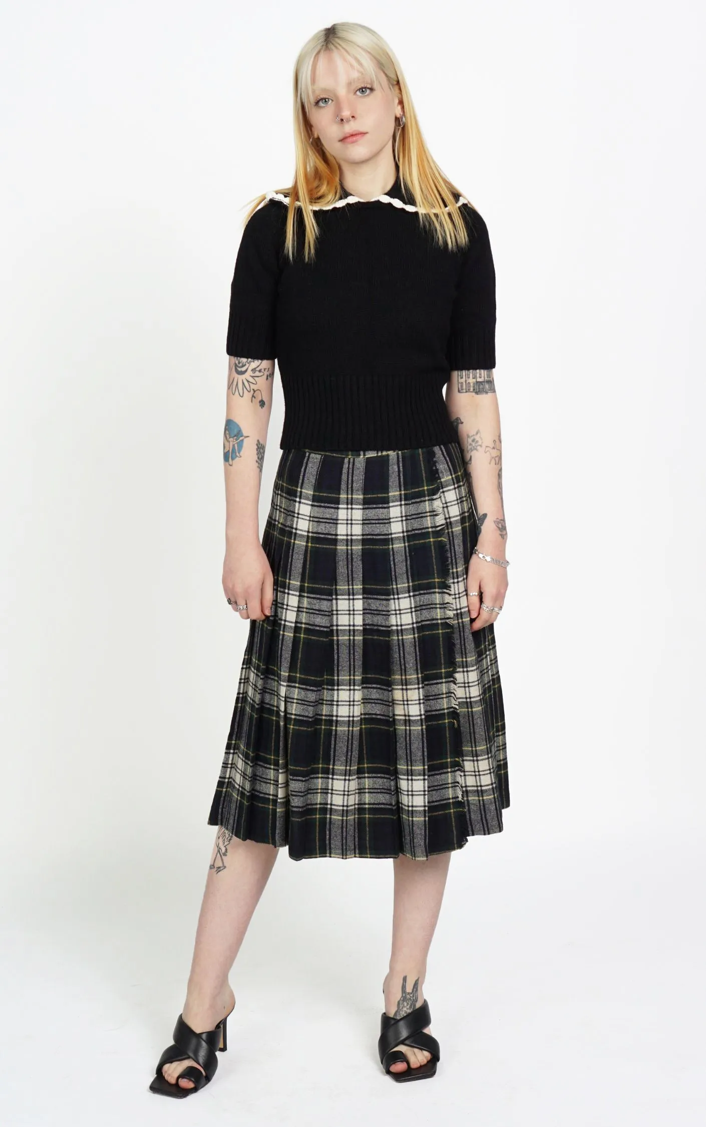 VINTAGE Wool Plaid Tartan Pleated Midi Wrap Skirt