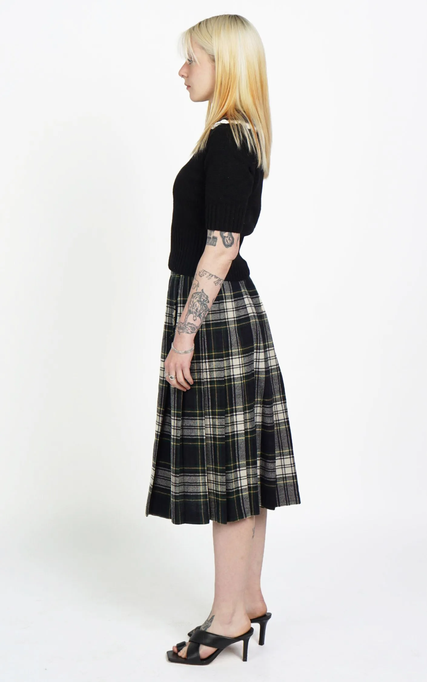 VINTAGE Wool Plaid Tartan Pleated Midi Wrap Skirt