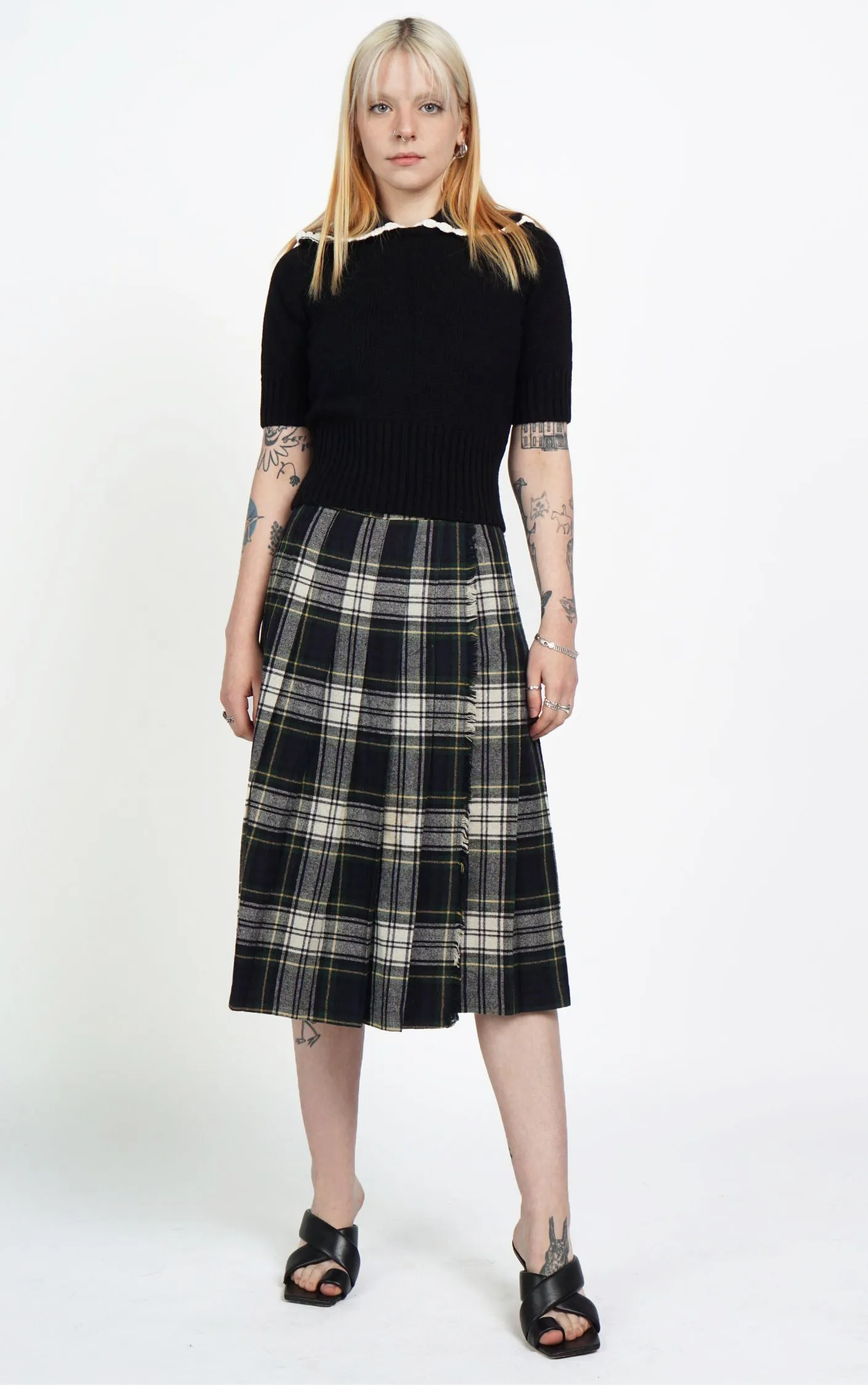 VINTAGE Wool Plaid Tartan Pleated Midi Wrap Skirt