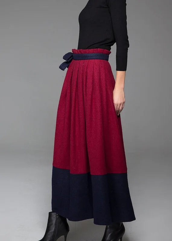 Wine Red Wool Skirt With Blue Stitching Hem and Long Unique Belt Maxi Skirt Winter Skirt 1429