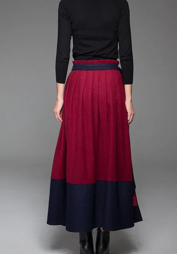 Wine Red Wool Skirt With Blue Stitching Hem and Long Unique Belt Maxi Skirt Winter Skirt 1429