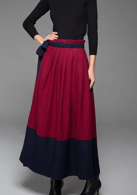 Wine Red Wool Skirt With Blue Stitching Hem and Long Unique Belt Maxi Skirt Winter Skirt 1429