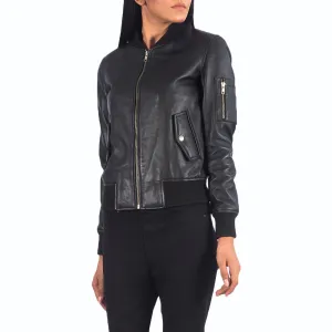 Womens Aviator Black Leather Bomber Jacket