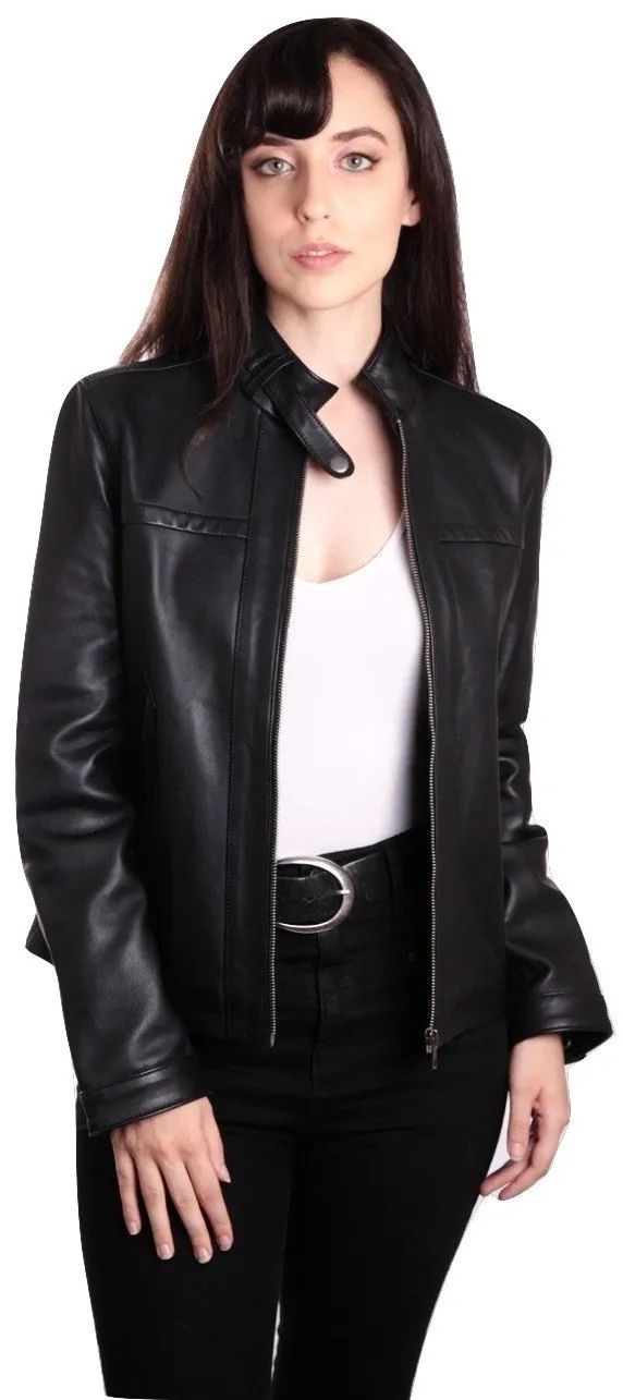 Womens Classic Black Straight Trendy Leather Jacket