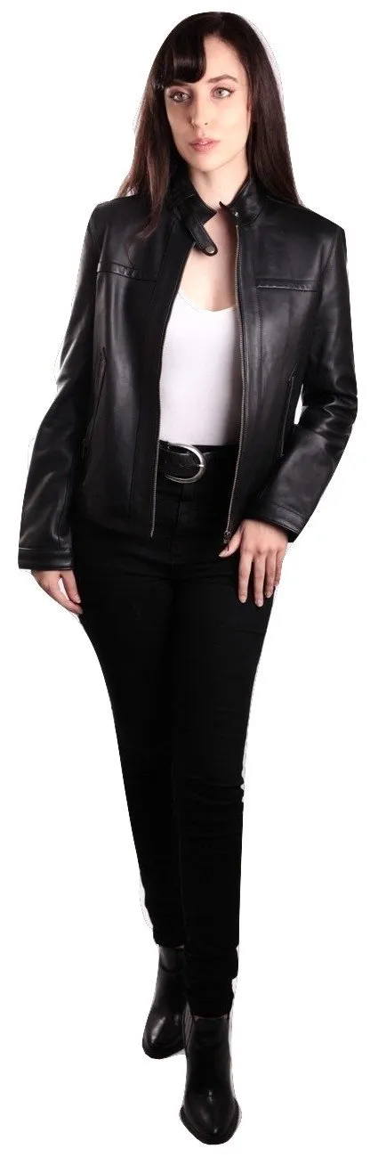 Womens Classic Black Straight Trendy Leather Jacket