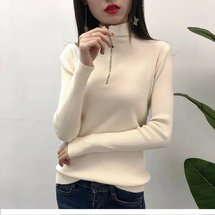 Womens Knitted Half Zip High Neck Basic Slim Fit Sweater Pullover