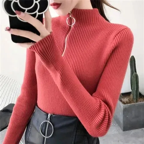 Womens Knitted Half Zip High Neck Basic Slim Fit Sweater Pullover