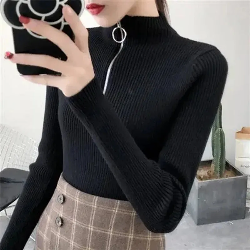 Womens Knitted Half Zip High Neck Basic Slim Fit Sweater Pullover