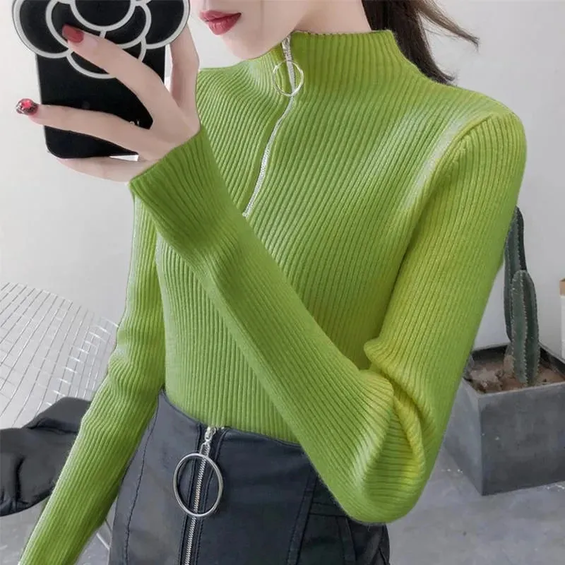 Womens Knitted Half Zip High Neck Basic Slim Fit Sweater Pullover