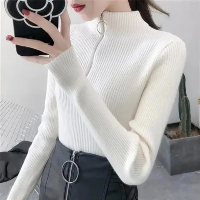 Womens Knitted Half Zip High Neck Basic Slim Fit Sweater Pullover