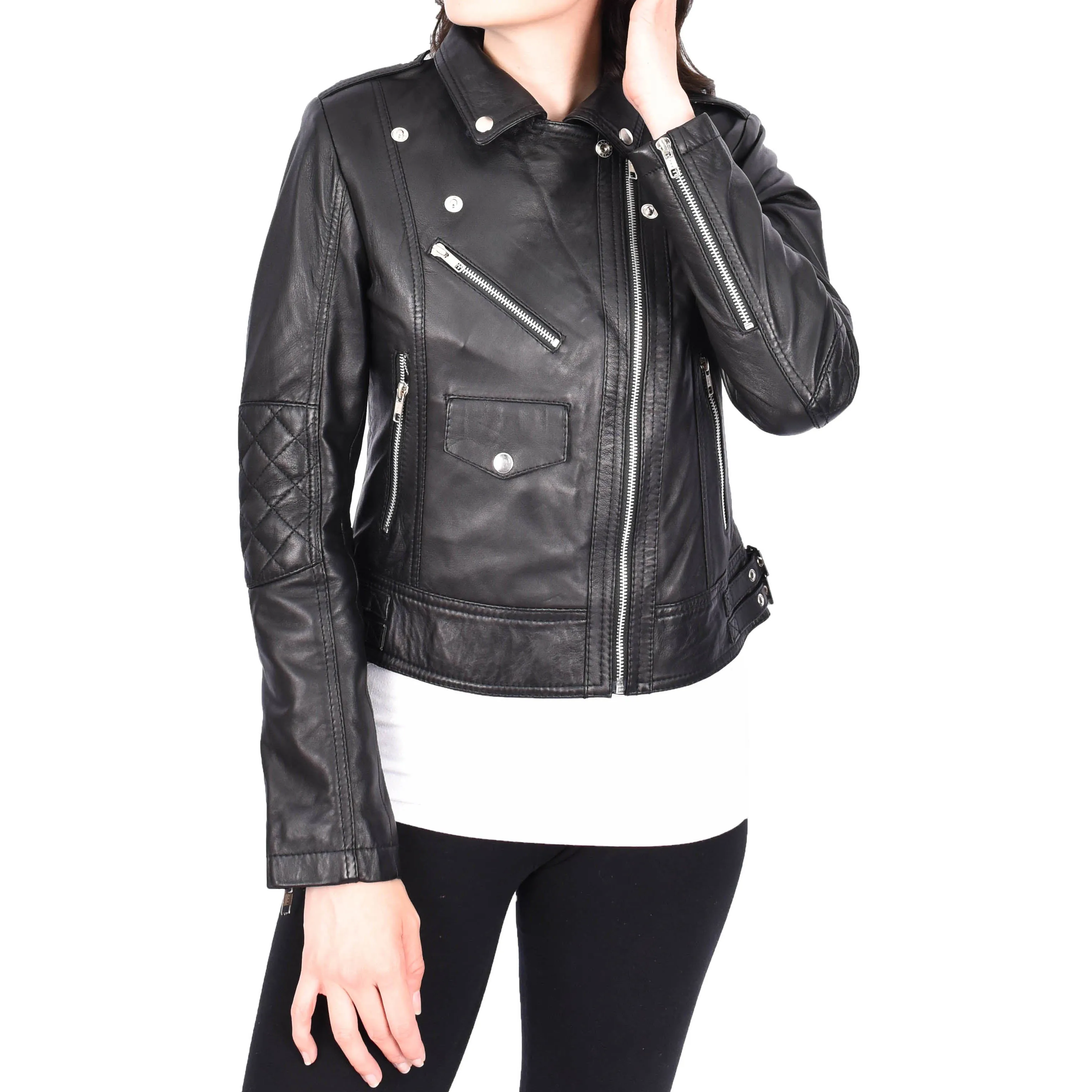 Womens Leather Biker Jacket Black Trendy Slim Fit Designer Ayla