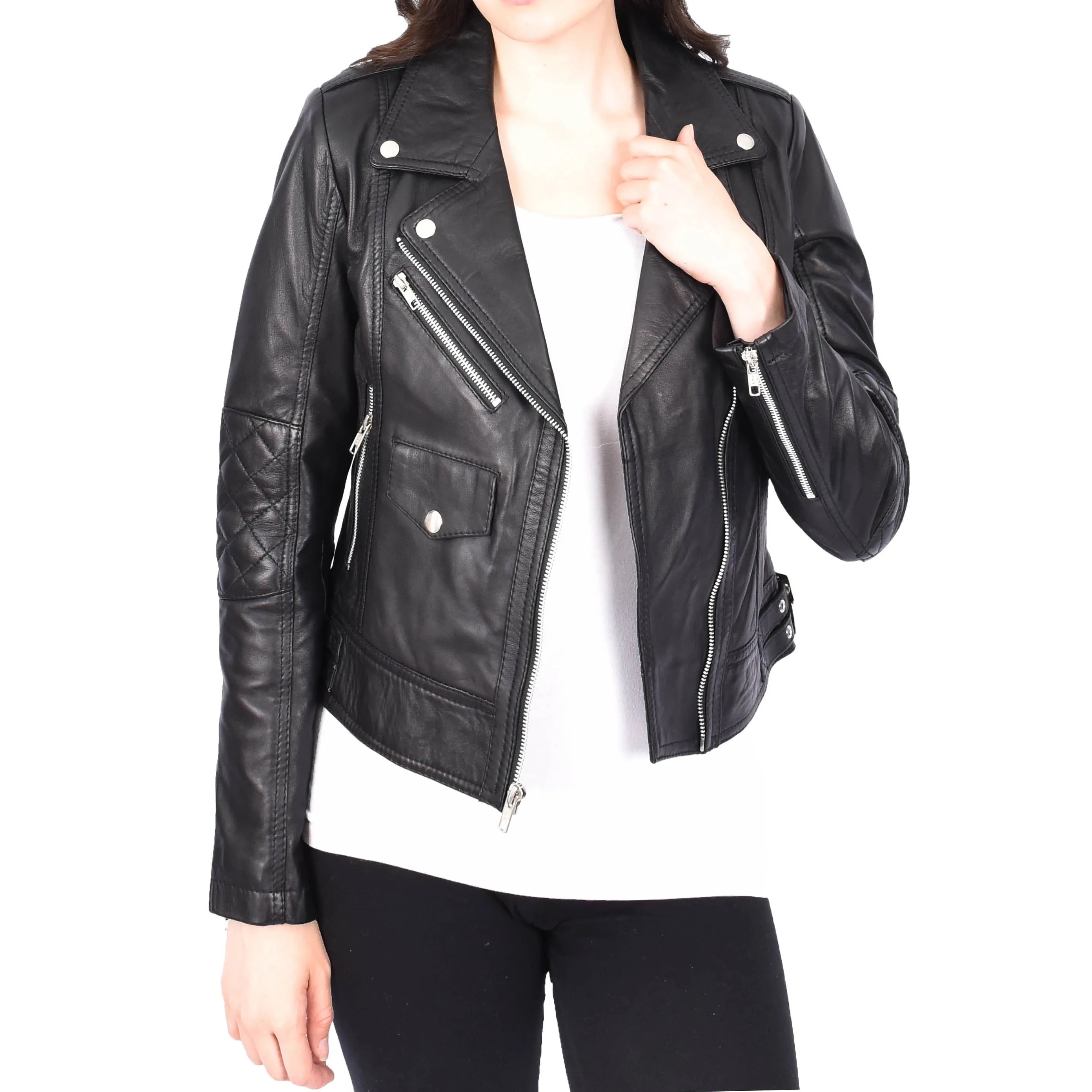 Womens Leather Biker Jacket Black Trendy Slim Fit Designer Ayla