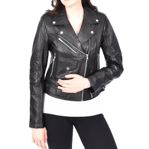 Womens Leather Biker Jacket Black Trendy Slim Fit Designer Ayla