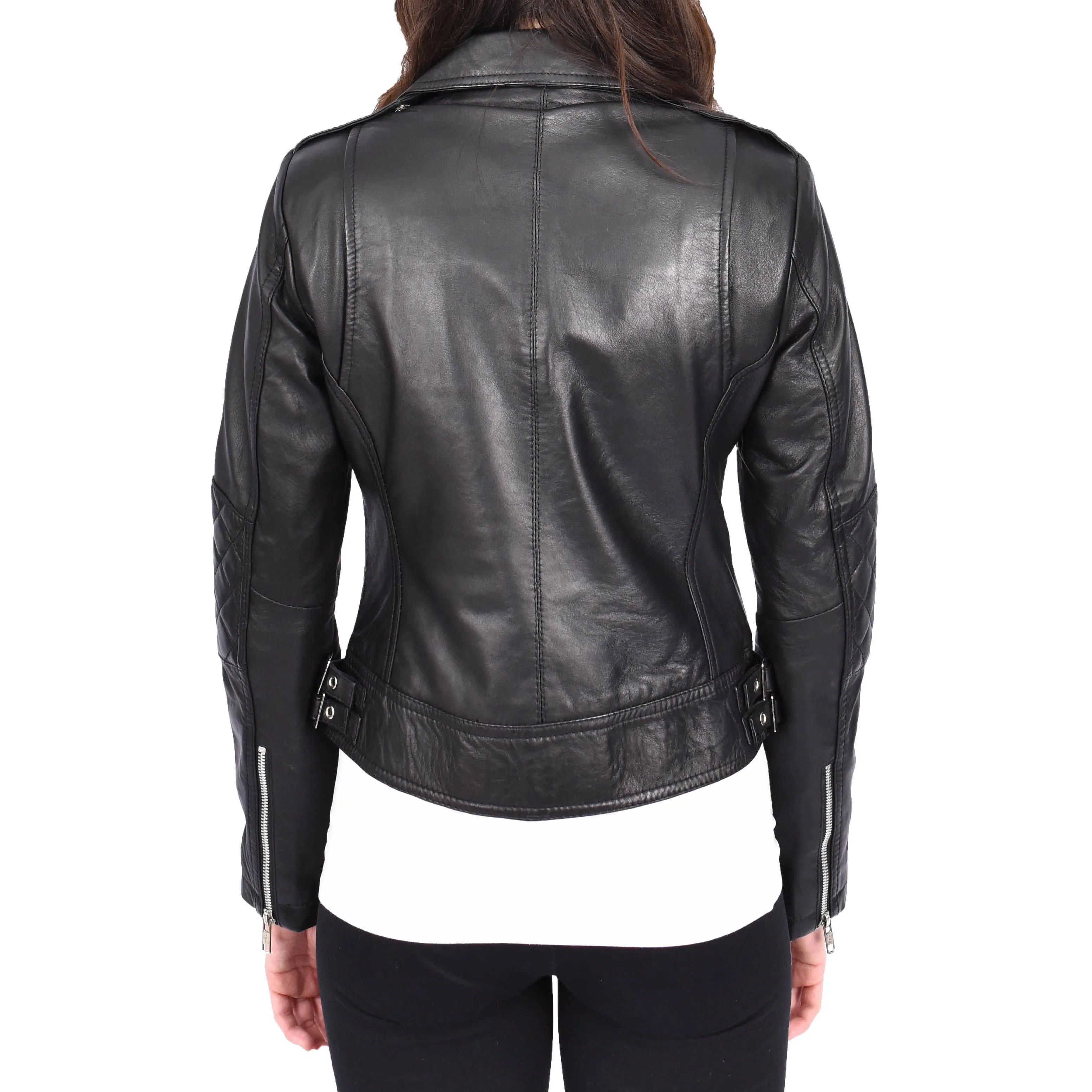 Womens Leather Biker Jacket Black Trendy Slim Fit Designer Ayla