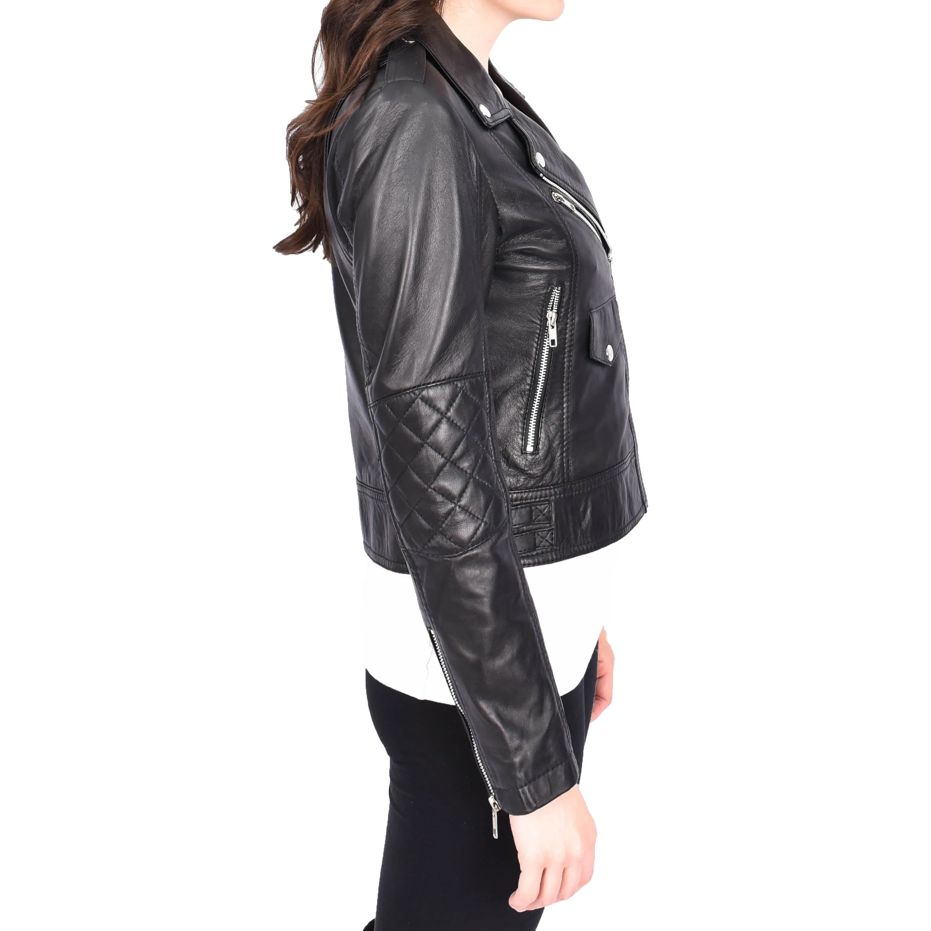 Womens Leather Biker Jacket Black Trendy Slim Fit Designer Ayla