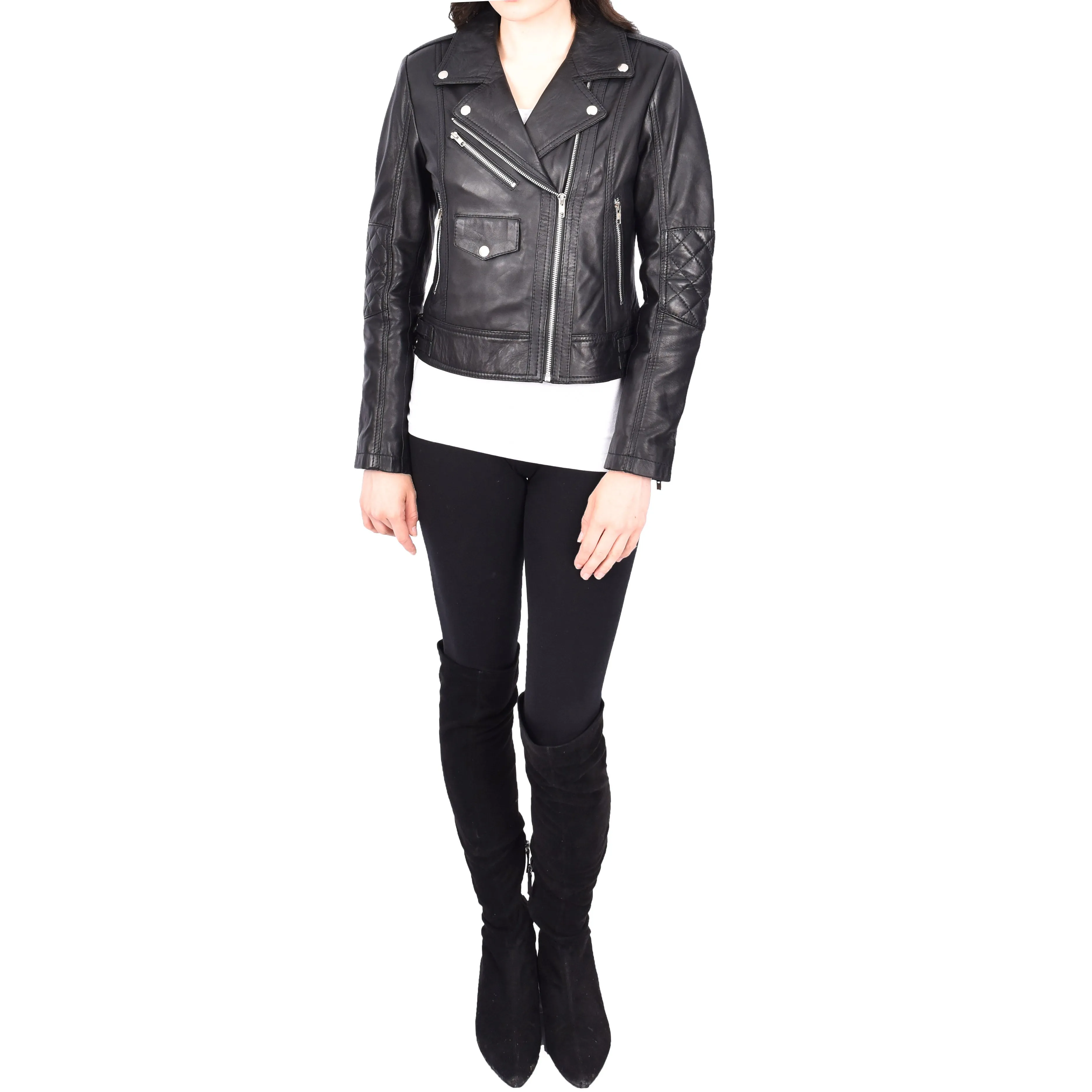 Womens Leather Biker Jacket Black Trendy Slim Fit Designer Ayla