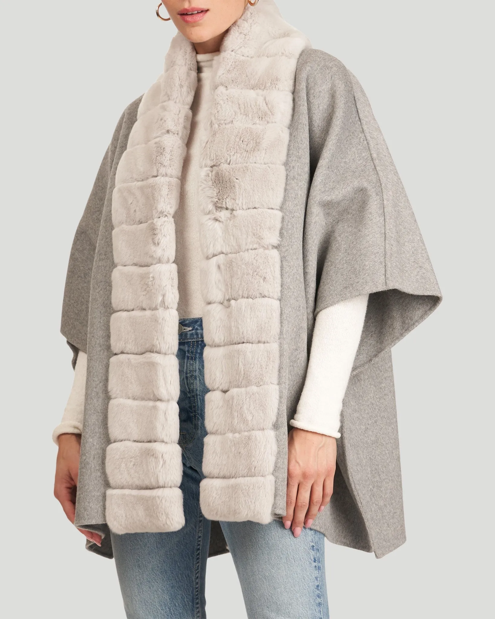 Wool Cape with Rex Rabbit Fur Trim