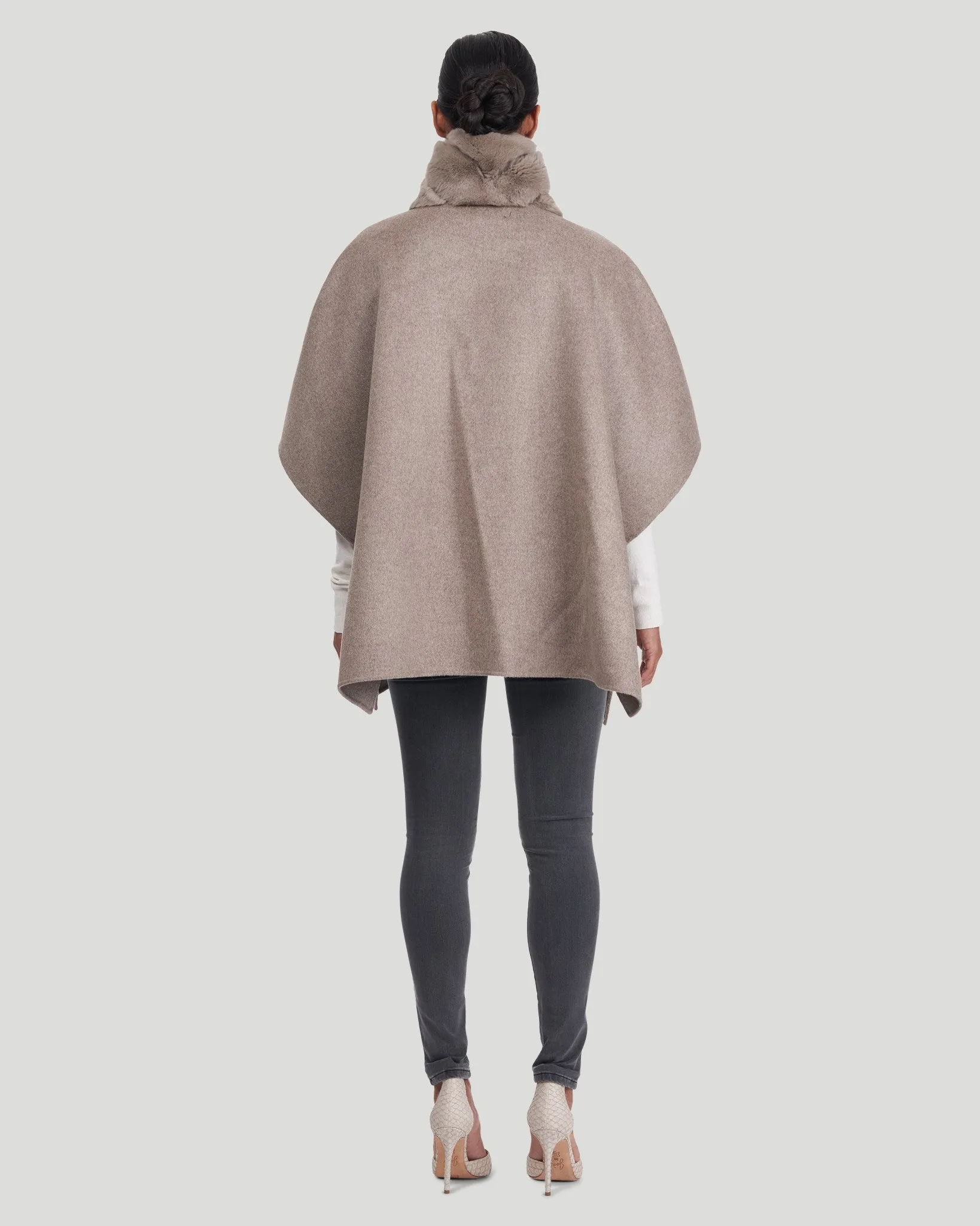 Wool Cape with Rex Rabbit Fur Trim